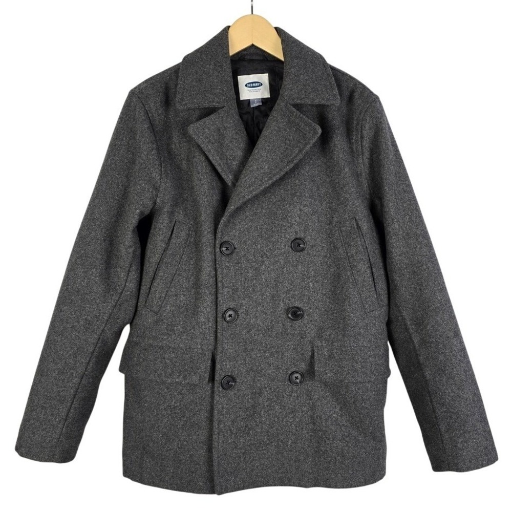 Old Navy Men's Grey Wool Blend Pea Coat Double Breast Button Down Quilted Coat S
